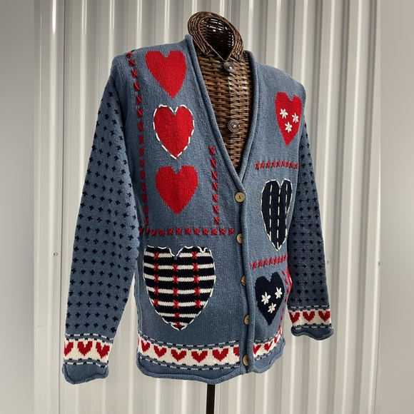 Vintage 1995 SML Sport Hand Knit Hearts ❤️ Button Up Cardigan Sweater size Small - Picture 2 of 10